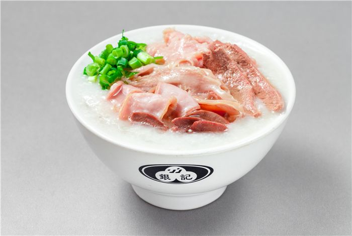 Yin-Ji-Chang-Fen-Chinese-restaurant-Mixed-Meat-Porridg-CA Mixed Meat Porridge contains a variety of meat slices, such as pork and liver, simmered in a soft rice porridge at Yin Ji Chang Fen, a Chinese restaurant in CA